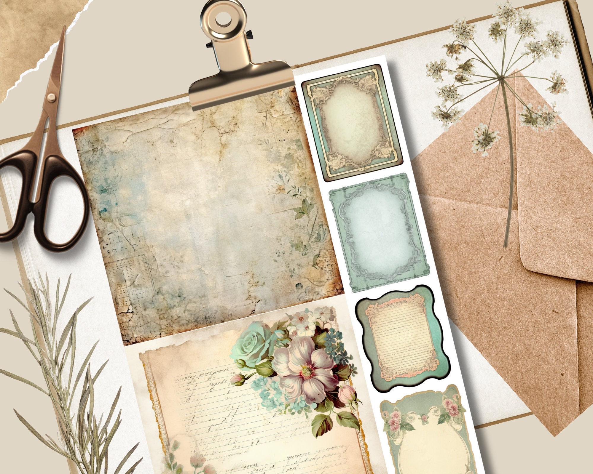 Printable Turquoise Junk Journal Pages, Digital Paper, Collage Supplies ...