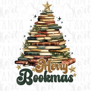 Frohe Bookmas Retro-Stil Weihnachtsbuchkunst, Vintage Winter PNG für Aufkleber, Sublimationsgrafiken, kommerzielle Nutzung, lustiger Weihnachtsbaum