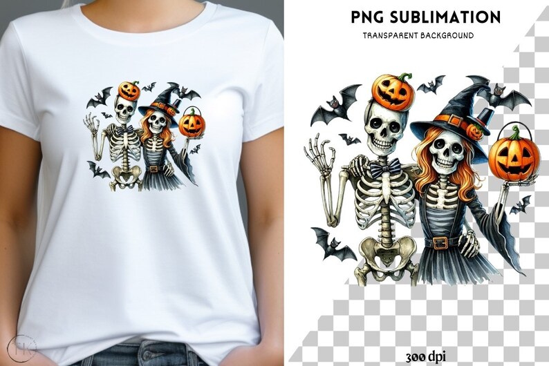 May include: White t-shirt featuring a Halloween-themed design. The graphic depicts two skeletons, one wearing a pumpkin on its head and the other a witch hat, holding a jack-o'-lantern. Bats are scattered around the skeletons.