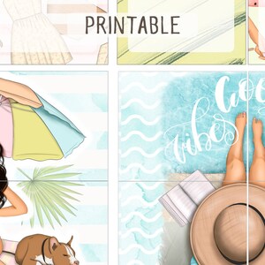 K&ouml;nnte beinhalten: Druckbare digitale Planerseiten mit einem Sommerthema. Die Seiten zeigen Illustrationen einer Frau im Badeanzug unter einem Sonnenschirm am Strand, einer Frau mit ihren Beinen in einem Pool mit dem Text "Good vibes only" und Wassermelonenst&uuml;cke.