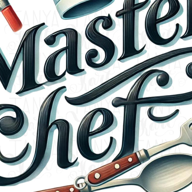 May include: A black and white illustration of the words "Master Chef" in a stylized font. The image includes a chef's hat, a spoon, and a fork.