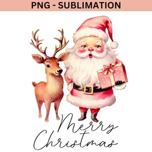 May include: Watercolor illustration featuring Santa Claus and a reindeer. Santa, in a red suit and hat, holds a gift box. The reindeer stands beside him. The words "Merry Christmas" are written in cursive below the figures. The image is labeled "PNG - Sublimation".
