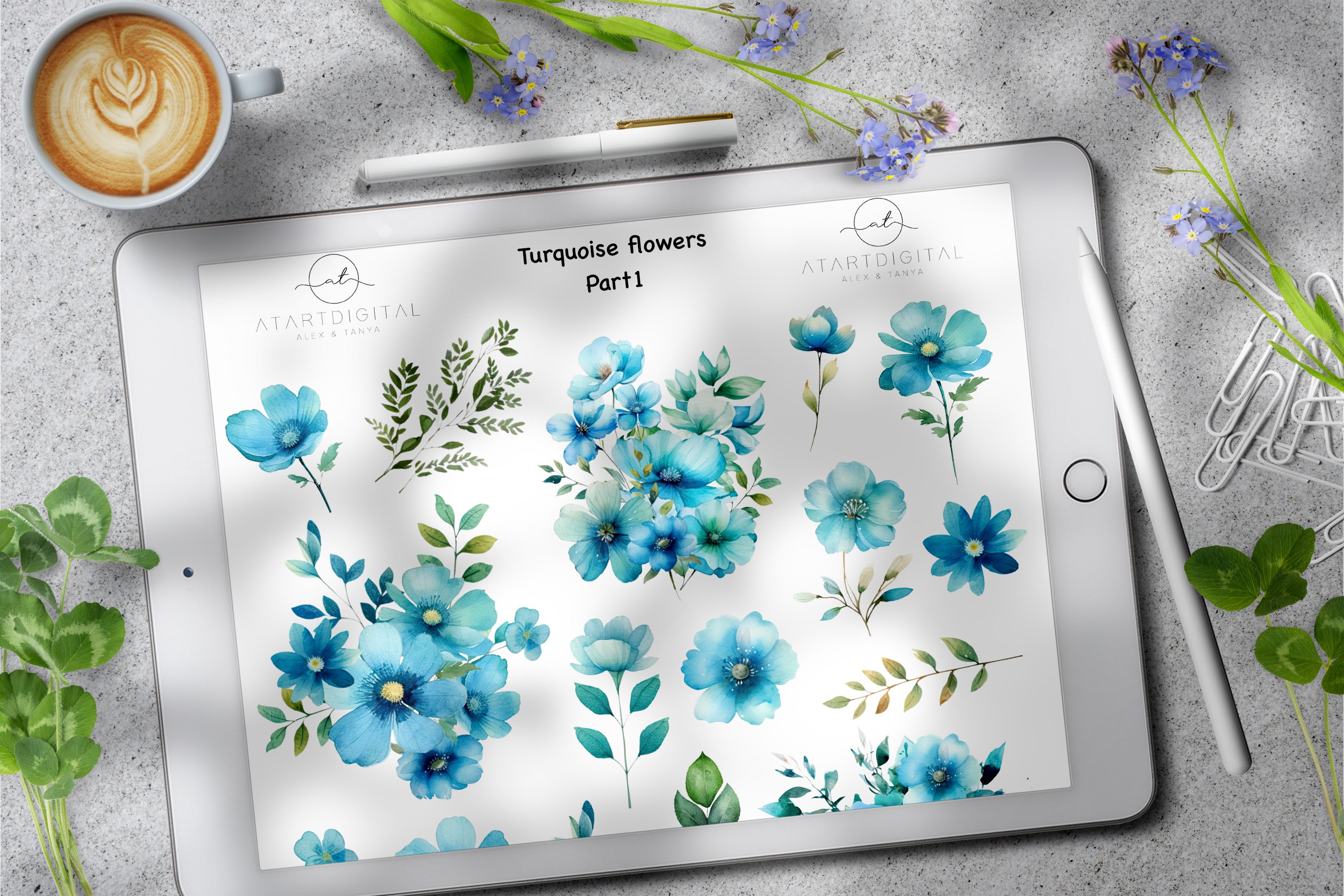 Turquoise Flowers Digital Stickers, Floral Stickers, Meadow Flowers ...