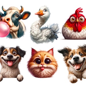 Lustige Tiere Clipart Bundle, Sublimationsdesigns, Planer Aufkleber, süße Katze, lustige Hunde, Huhn, Kuh und Gans PNG, transparente Designs
