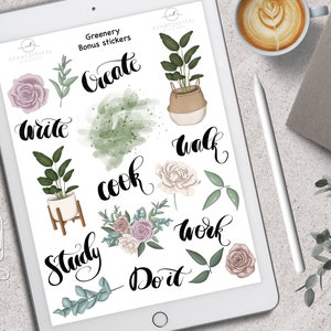May include: A digital planner sheet with green and pink floral illustrations and handwritten text that says "Greenery Bonus Stickers" and includes the words "Create", "Write", "Cook", "Walk", "Work", "Study", "Do it".