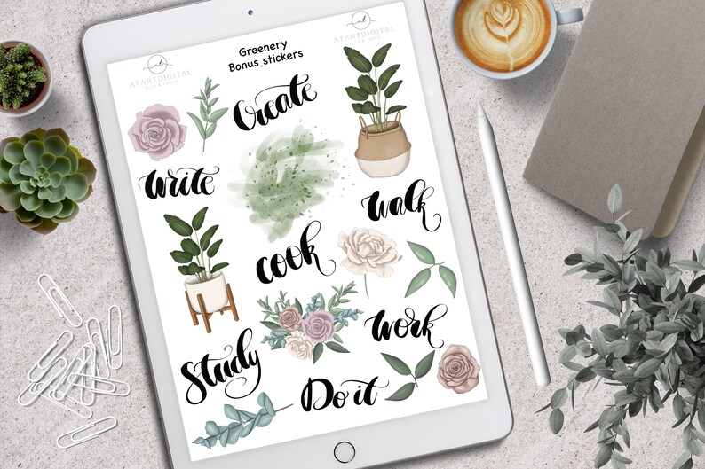 May include: A digital planner sheet with green and pink floral illustrations and handwritten text that says "Greenery Bonus Stickers" and includes the words "Create", "Write", "Cook", "Walk", "Work", "Study", "Do it".