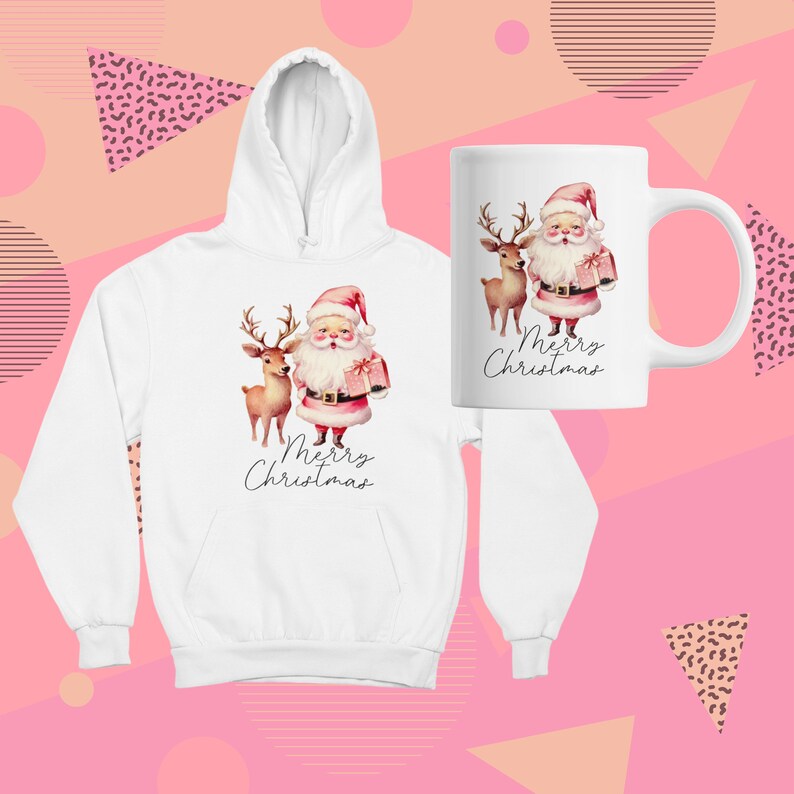 Retro Pink Santa Claus with Deer Design for Holiday Crafting, Vintage Holiday Sublimation Graphic, Printable Artwork for Children's Prints