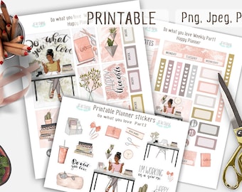 Happy Planner Stickers, Afro American Planner Girl, Printable Stickers, Planner Girl, Boss Babe, Planner Stickers, Pink Planner Fashion