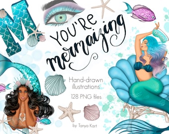 Watercolor Mermaid Clipart Digital Download - Nautical Graphics and Blue Turquoise Illustrations, Afro Mermaid PNG, Sea Life Fashion Girl