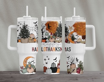 May include: Three white stainless steel tumblers with lids and straws. Each tumbler features a different autumn-themed design with a turkey, pumpkins, and fall leaves. The text "Happy Hallothanksmas" is printed on the tumblers.