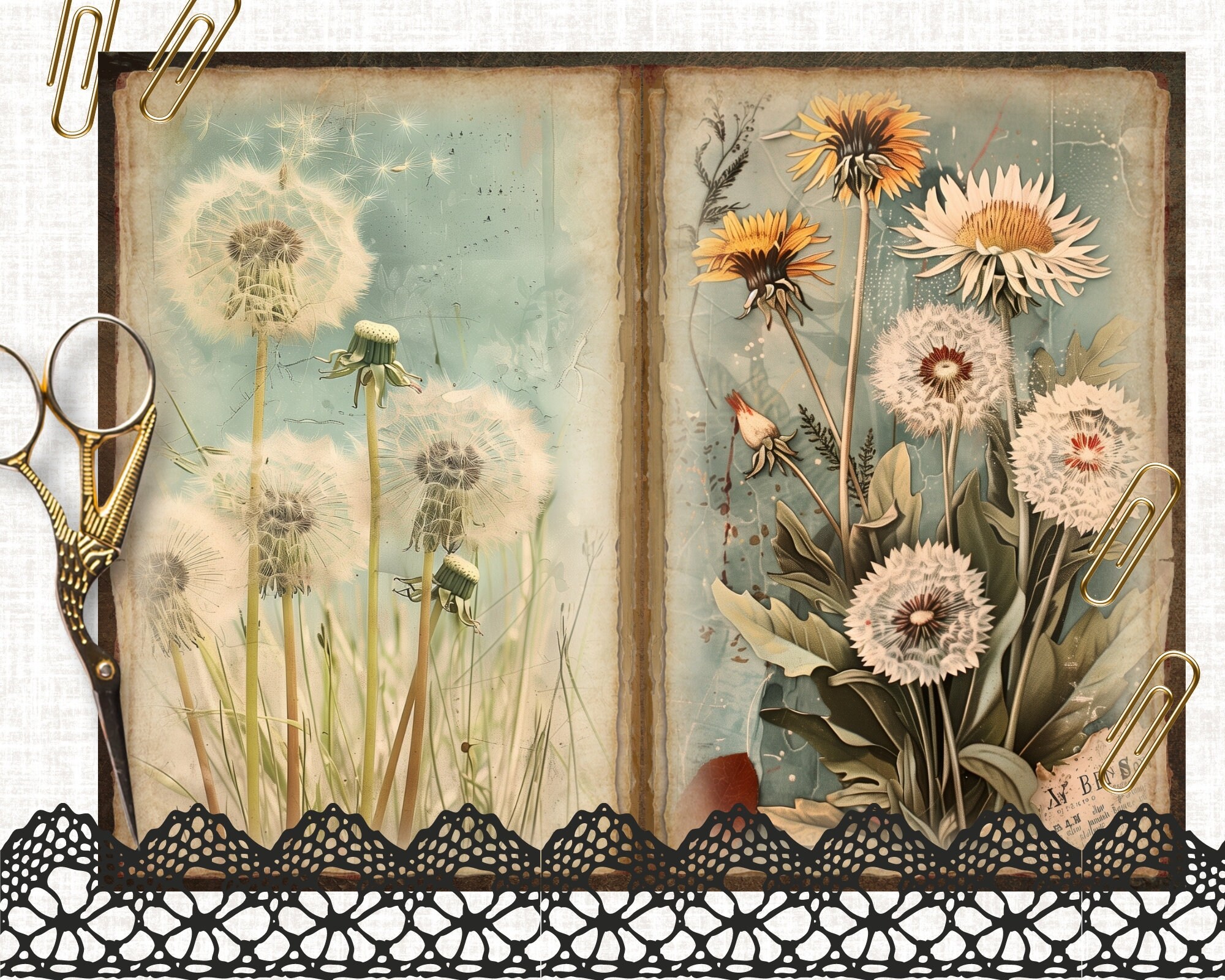 【全商品オープニング価格 特別価格】 Dandelion Digital Journaling Journal Junk Vintage Pages, 絵本・児童書