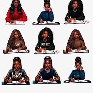 May include: Nine digital illustrations of Black women with different hairstyles and outfits, each sitting at a desk and writing in a planner. The women are wearing sweatshirts with various text, including "Love", "Boss Lady", "Lady Boss", and "Faith".