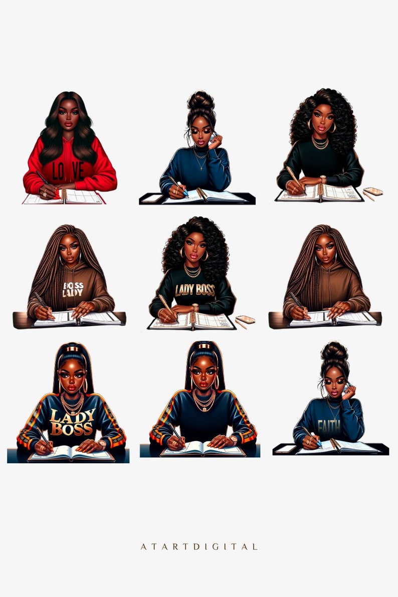 May include: Nine digital illustrations of Black women with different hairstyles and outfits, each sitting at a desk and writing in a planner. The women are wearing sweatshirts with various text, including "Love", "Boss Lady", "Lady Boss", and "Faith".