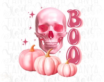 Pink Skull Pumpkin Design for Shirts, Retro Pink Spooky Design, Boo Illustration, Digital Halloween Graphic, Pumpkin Skull Design