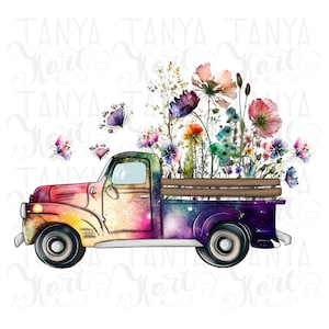 May include: A vintage pickup truck with a rainbow paint job is filled with a bouquet of colorful wildflowers. The truck has a wooden bed and a starry sky design on the side.
