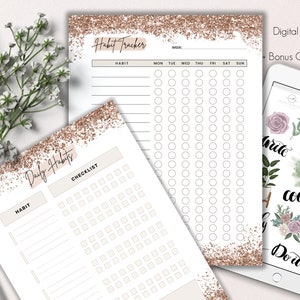 May include: Printable digital planner pages with a rose gold glitter background. The pages include a daily habits checklist, a habit tracker, and a weekly planner. The planner pages are designed for use with Goodnotes and include bonus stickers.
