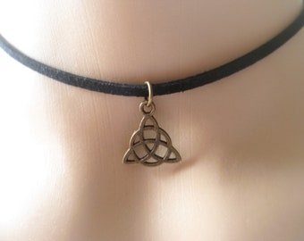 Triquetra Choker, Bronze Charm, Black Suede Necklace