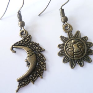 Sun and moon earrings,mismatched earrings.wiccan jewelry,sun and moon jewelry,celestial jewelry,sun earrings,charm earrings,pagan jewelry