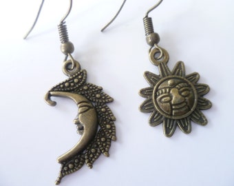 Sun and moon earrings,mismatched earrings.wiccan jewelry,sun and moon jewelry,celestial jewelry,sun earrings,charm earrings,pagan jewelry