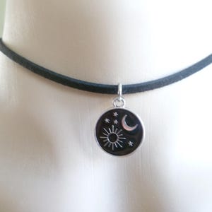 Sun and moon choker,celestial jewelry,black choker,moon necklace,choker necklace,wiccan jewelry,charm necklace,faux suede,gift for her