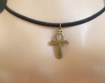 Bronze Ankh Choker, Black Faux Suede Necklace