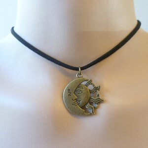 Sun and moon choker, sun and moon necklace,choker necklace bronze sun,black choker, wiccan jewelry, pagan, celestial, sun necklace, suede