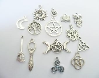 14 Wiccan Pagan Charms, Antique Silver Celestial Charms