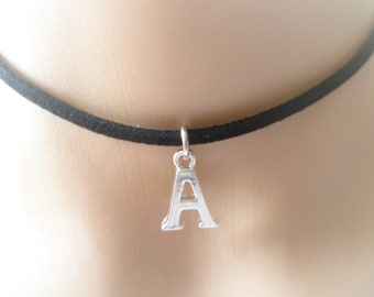 Initial choker, initial necklace,black choker,choker necklace,personalised jewellery,initial jewelry,silver letter jewelry,initial gift
