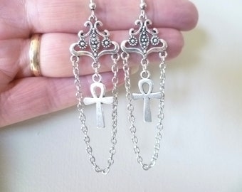 Ankh earrings,egyptian jewelry,silver earrings,ankh jewelry,charm earrings,tribal earrings,egyptian earrings,chandelier,gift