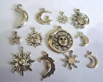 12 zilveren zon- en maanbedels, hemelse sieraden maken, gemengde bedels, Britse verkoper