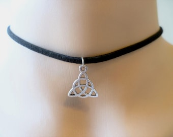 Triquetra Charm Choker, Black Suede, Irish Knot Necklace