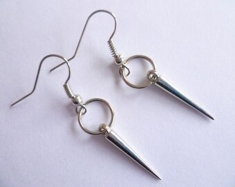 Small Silver Spike Dangle Earrings, Goth Punk Jewelry