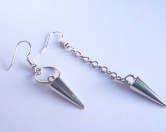 Mismatched Spike Earrings, Goth Punk Silver Jewelry, Handmade