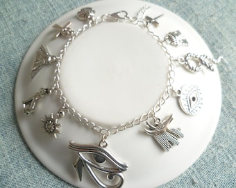 Egyptian Charm Bracelet, Silver Ankh, Anubis, Cat Goddess Jewelry