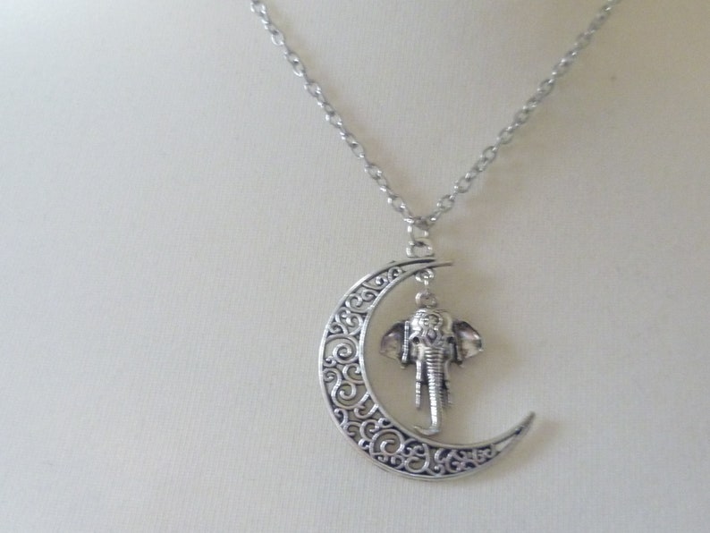 elephant necklace,moon necklace,charm necklace,elephant necklace,moon jewelry,elephant jewelry,silver necklace,wiccan jewelry,gift Moon
