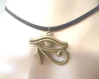Bronze Eye of Horus faux suede choker,egyptian jewellery,eye of ra protection charm