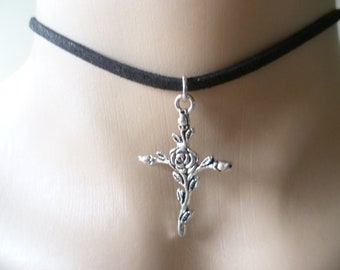 Rose Cross Black Suede Choker, Religious Jewelry Gift