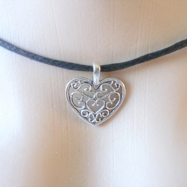 Heart choker,black choker,charm necklace,heart jewelry,cord choker,heart necklace,choker necklace,silver heart,gift for her,filigree charm