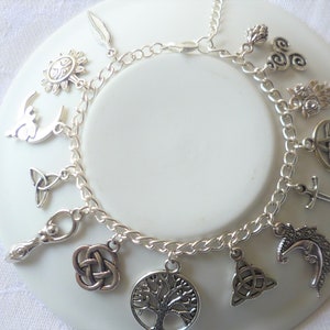 Wiccan bracelet,pagan jewelry,charm bracelet,sun and moon jewelry,tree of life,pentagram jewelry,silver jewelry,goddess,triquetra,gift,owl