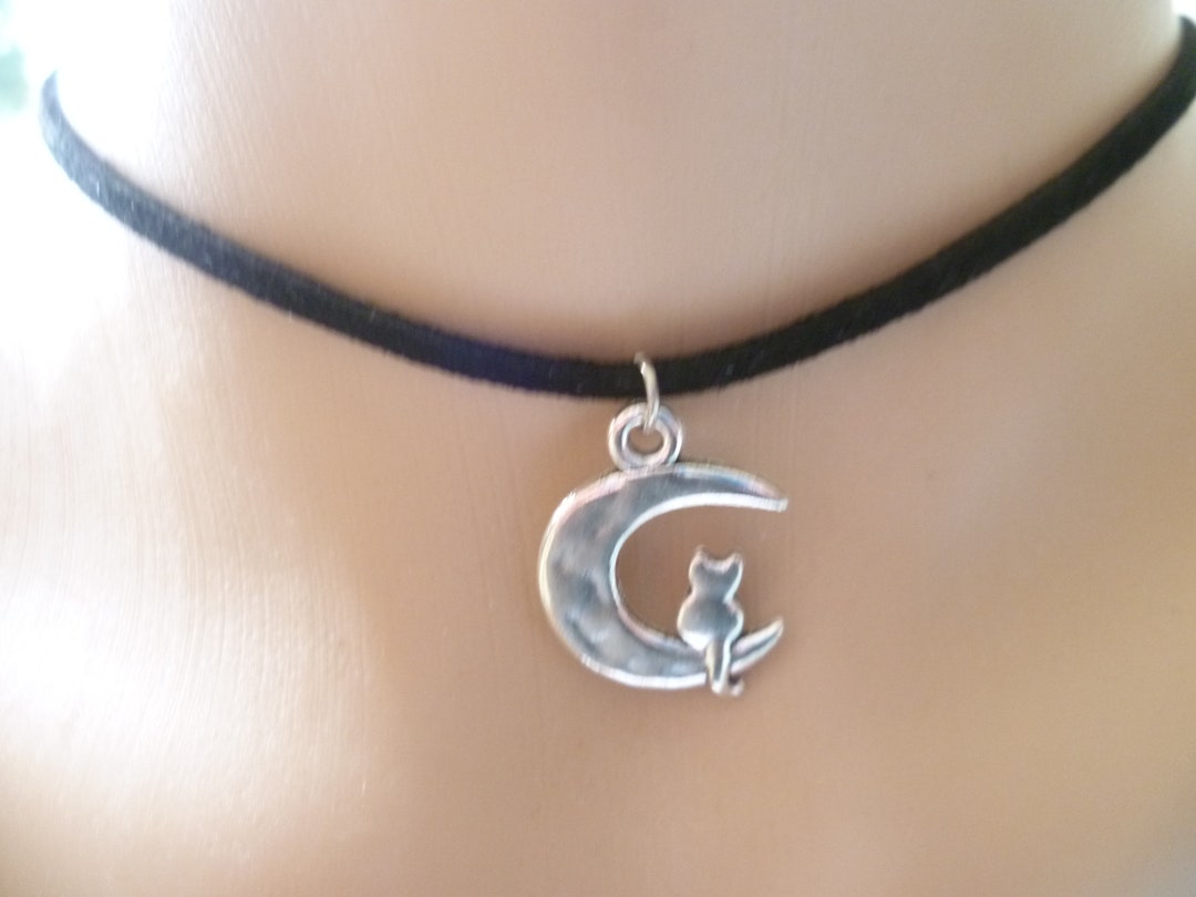 Cat and Moon Charm Choker, Black Faux Suede Necklace - Etsy