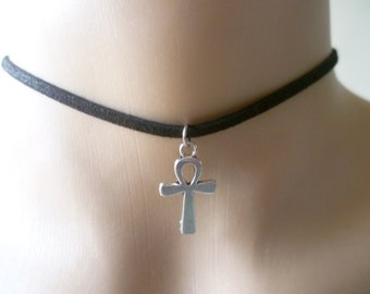Ankh Choker, Silver Egyptian Cross, Black Faux Suede Necklace
