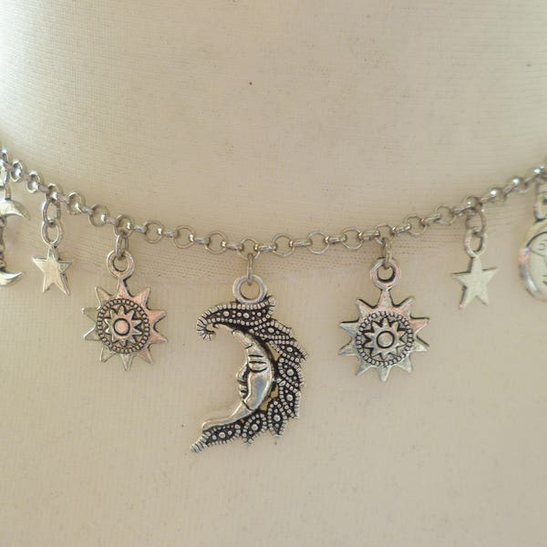 Sun moon and stars necklace,choker necklace,silver necklace,moon necklace,sun jewelry,celestial,charm necklace,handmade,gift,moon jewelry