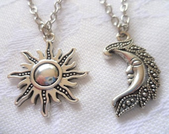 Silver Tone Sun and Moon Charm Necklace Set, Friends Celestial Jewelry