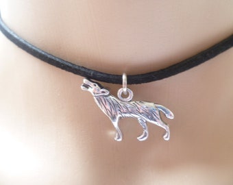 Wolf choker, wolf necklace,wiccan jewelry,silver wolf,wolf jewelry,black choker,choker necklace, pagan jewelry,charm necklace,