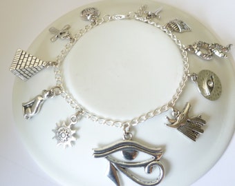 Egyptian bracelet,silver bracelet,charm bracelet,ankh jewellery,egyptian jewelry,goddess jewelry,silver jewelry,handmade,gift,eye,cat,