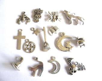 15 Halloween Charms, Antique Silver Wiccan Pagan Celestial Charms