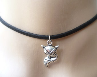 Fox choker,fox jewelry,choker necklace,silver fox,black choker,gift,animal jewelry,charm necklace,sleeping fox,suede cord choker,handmade