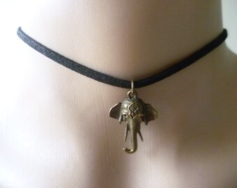 Elephant choker,elephant jewellery,buddhist ,choker necklace,gift,black choker,bronze elephant ,animal jewelry,suede choker,elephant gift