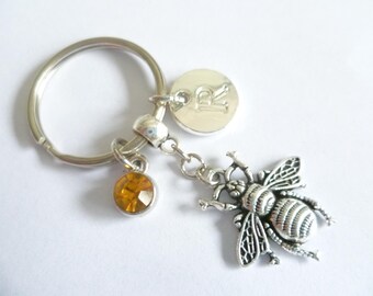 Bee Keychain, Personalized Initial, Birthstone Charm