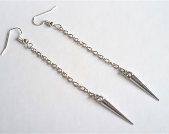 Silver Spike Dangle Earrings, Gothic Punk Chain Earrings